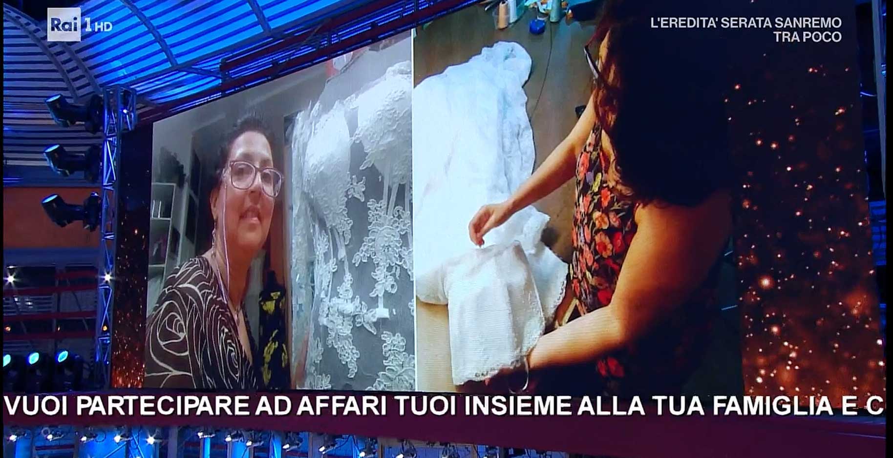 Elins alla trasmissione televisiva di Amadeus I Soliti Ignoti Eleonora presenta moda donna in TV col suo Atelier dove disegna abiti da sposa su misura